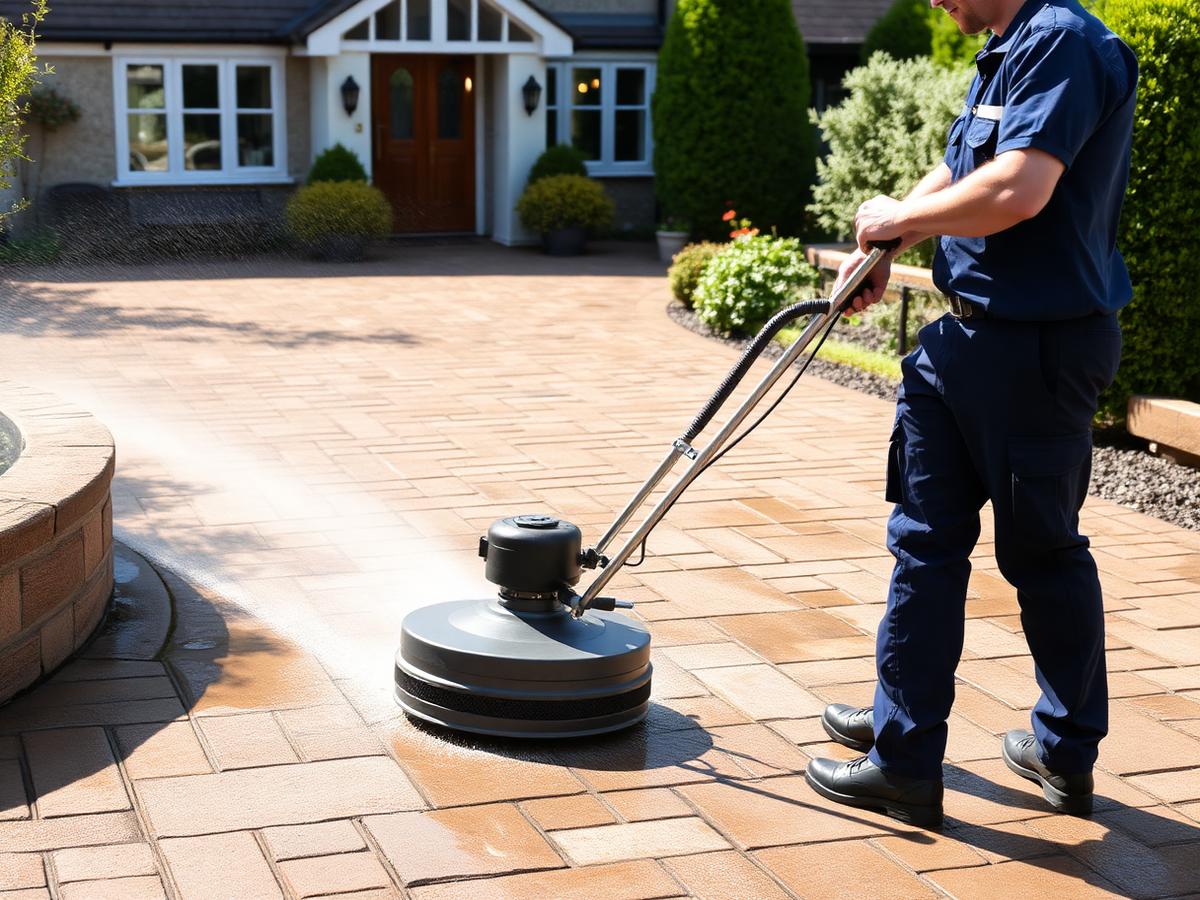 Wheelie Clean technician pressure washing a Lake District driveway